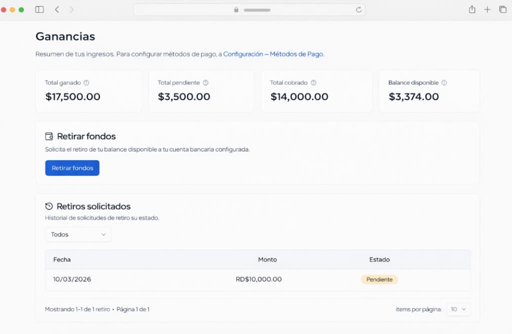Panel de informes y analíticas de Avalun: ganancias, retiros solicitados y balance disponible