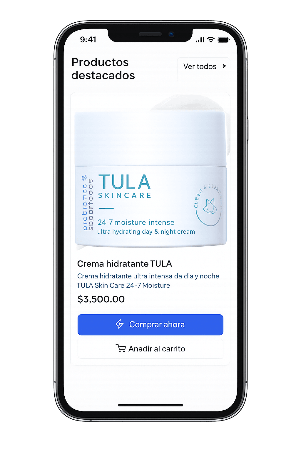 Vista previa de tienda Avalun en móvil mostrando producto destacado y botones de compra