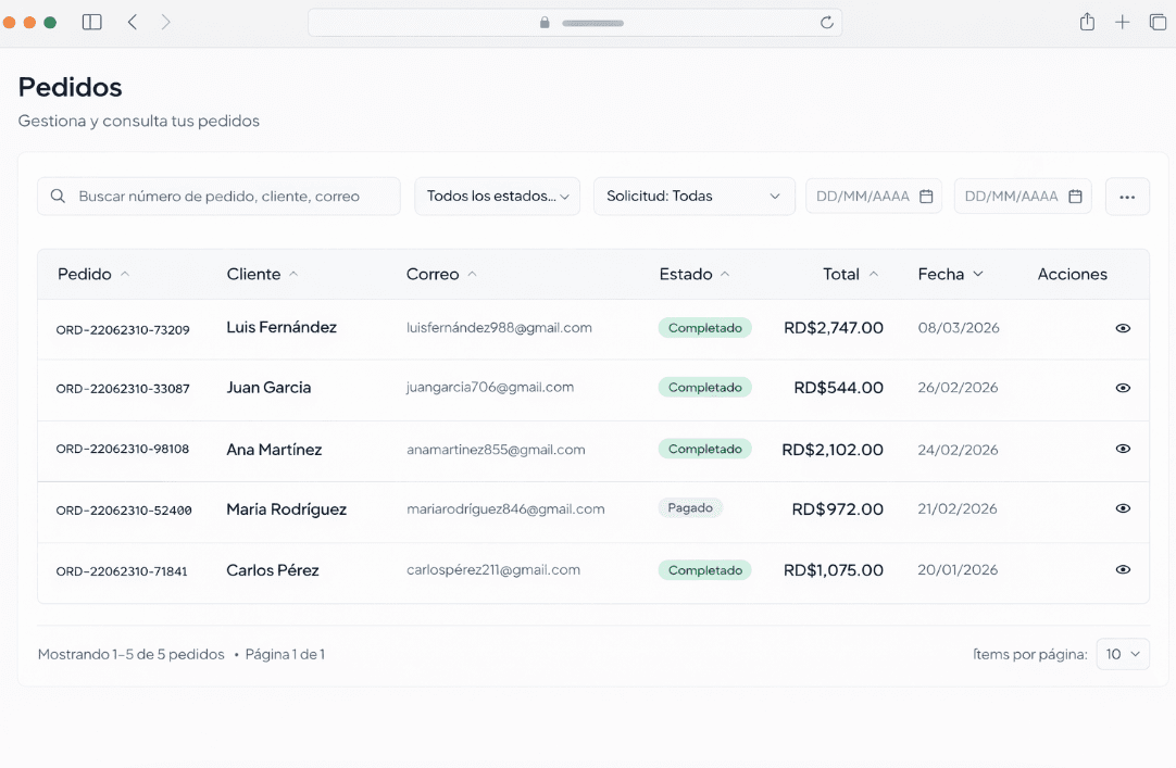 Panel Pedidos Avalun: lista de pedidos con Cliente, Estado, Total en RD$